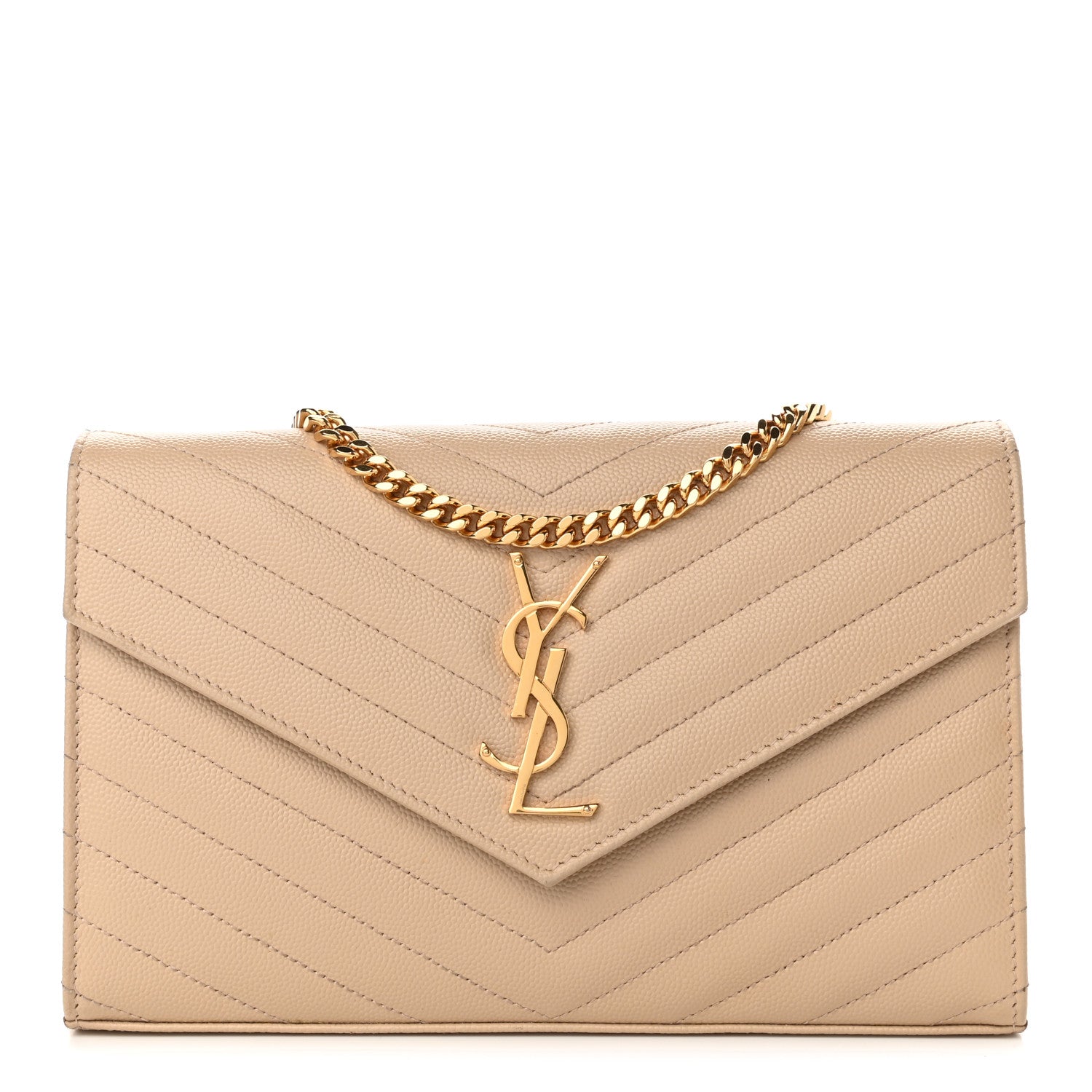 Saint Laurent Grain De Poudre Matelasse Chevron Monogram Chain Wallet Nude Powder 2 of 20