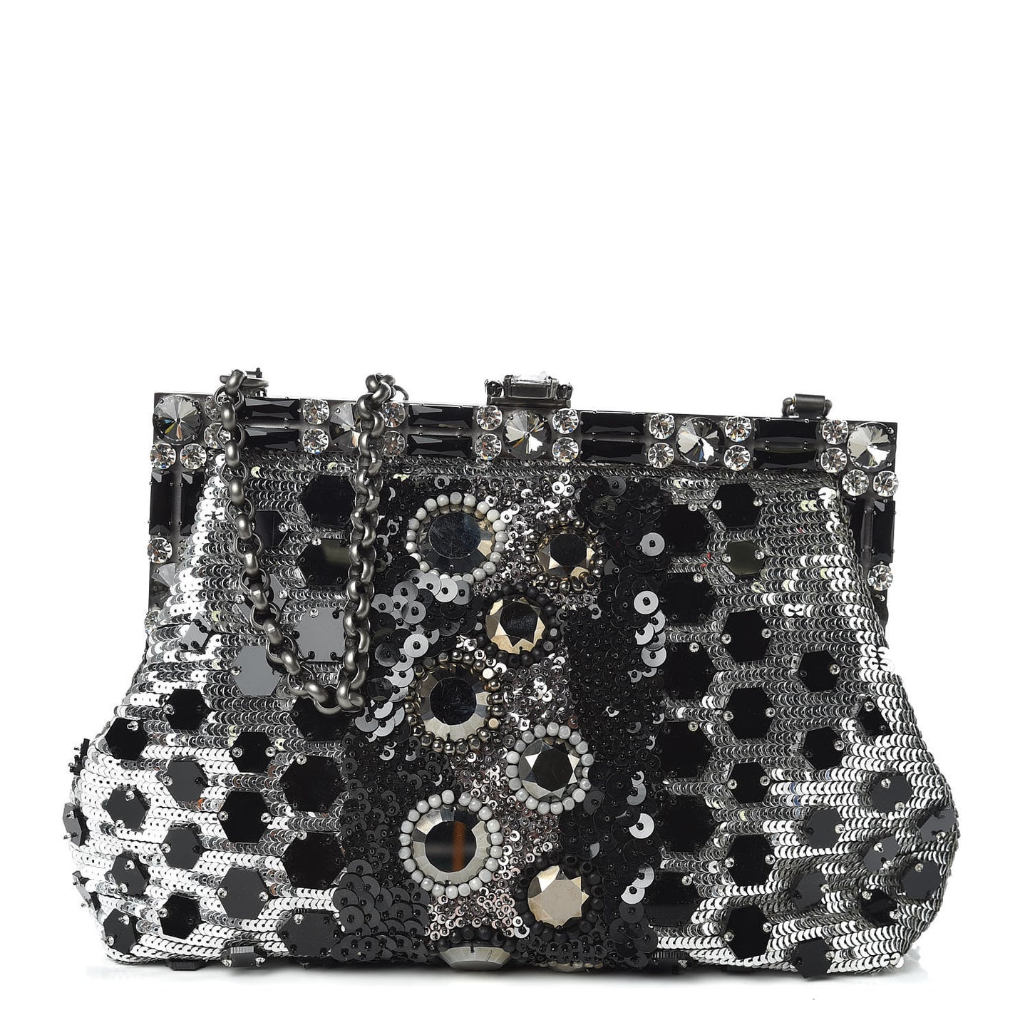 Satin Sequin Crystal Embellished Vanda Circles Chain Clutch Black