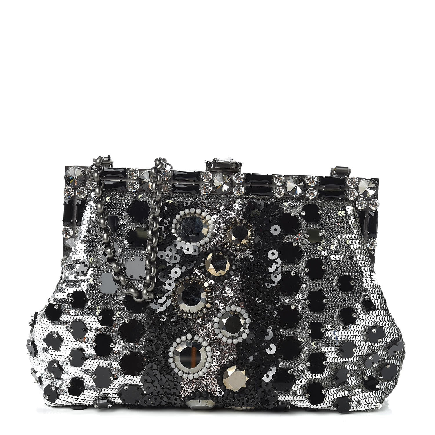 Dolce & Gabbana Satin Sequin Crystal Embellished Vanda Circles Chain Clutch Black 1 of 9
