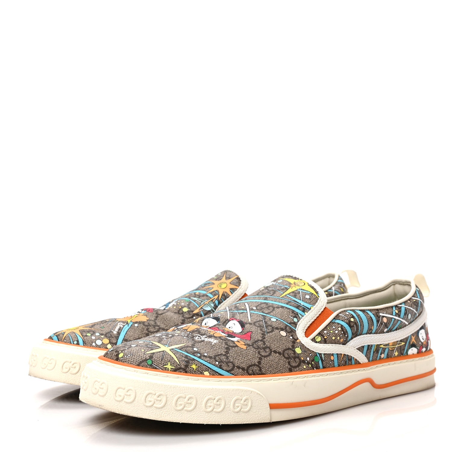 Gucci X DISNEY GG Supreme Monogram Donald Duck Mens 1977 Tennis Slip On Sneakers 9 Beige Ebony Mystic White Deep Orange 3 of 8