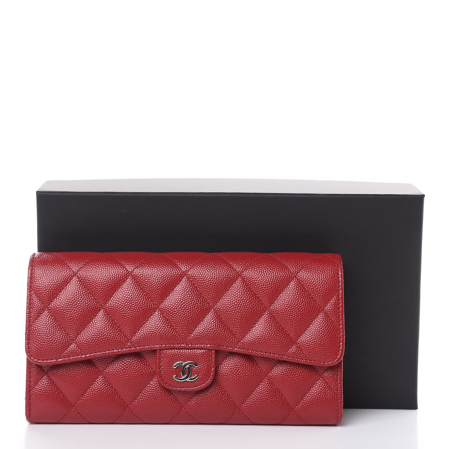 Caviar Quilted Large Gusset Flap Wallet Dark Red