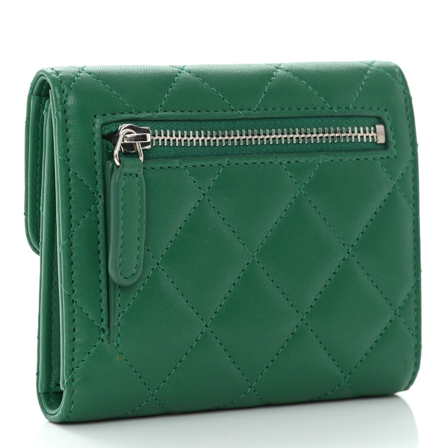 Chanel Lambskin Quilted Compact Flap Wallet Green 3 of 11