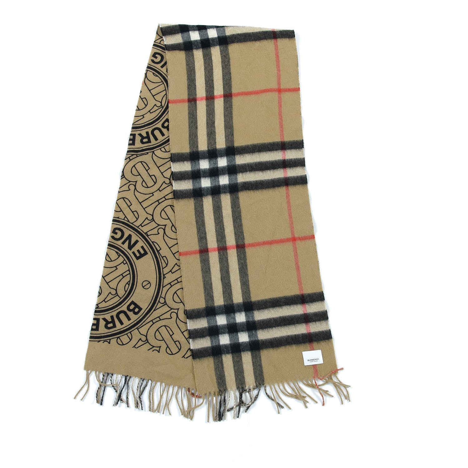 Burberry Cashmere Giant Check Monogram Reversible Fringe Scarf Archive Beige 4 of 5