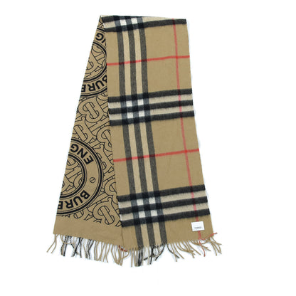 Burberry Cashmere Giant Check Monogram Reversible Fringe Scarf Archive Beige 4 of 5