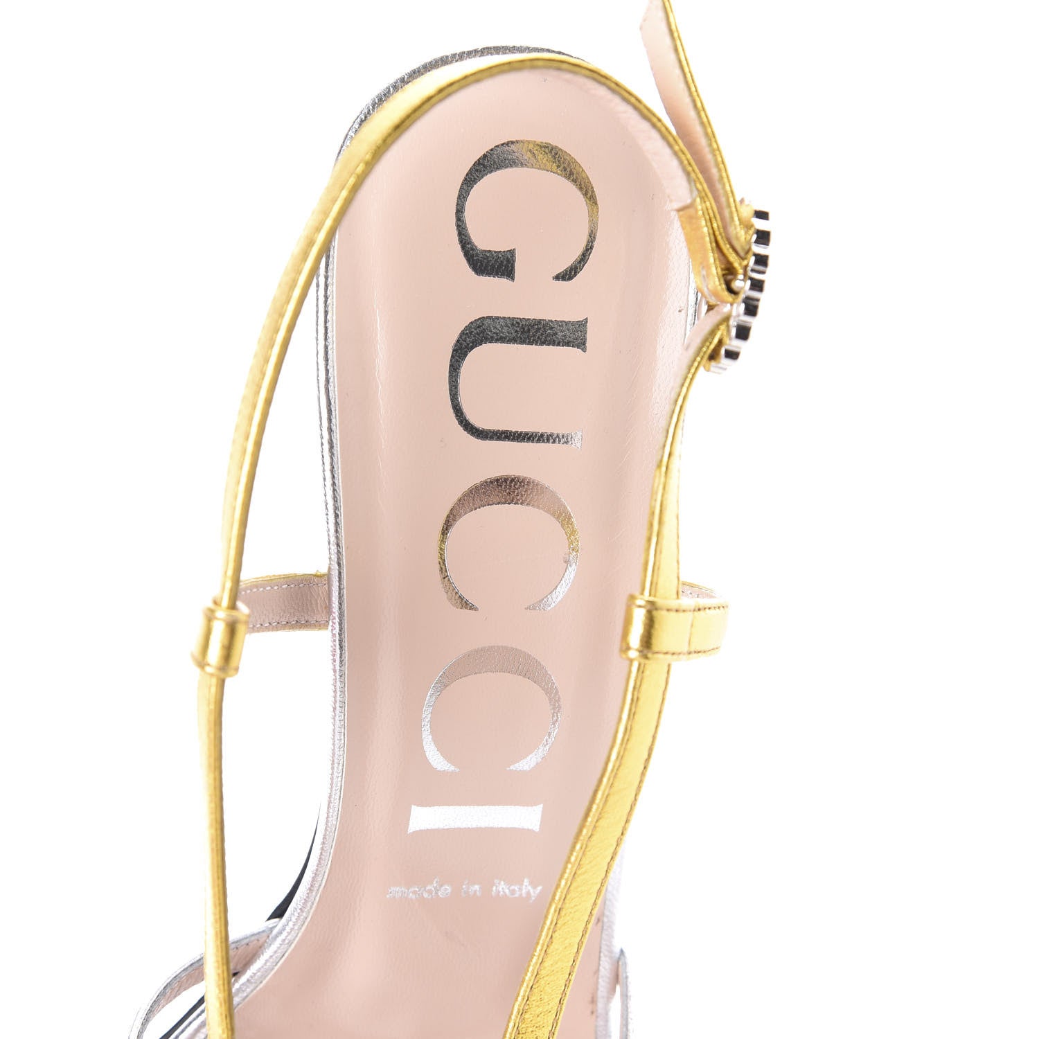 Gucci Metallic Nappa Crystal Zephyra Slingback High Heel Sandals 39 Silver Gold 5 of 7