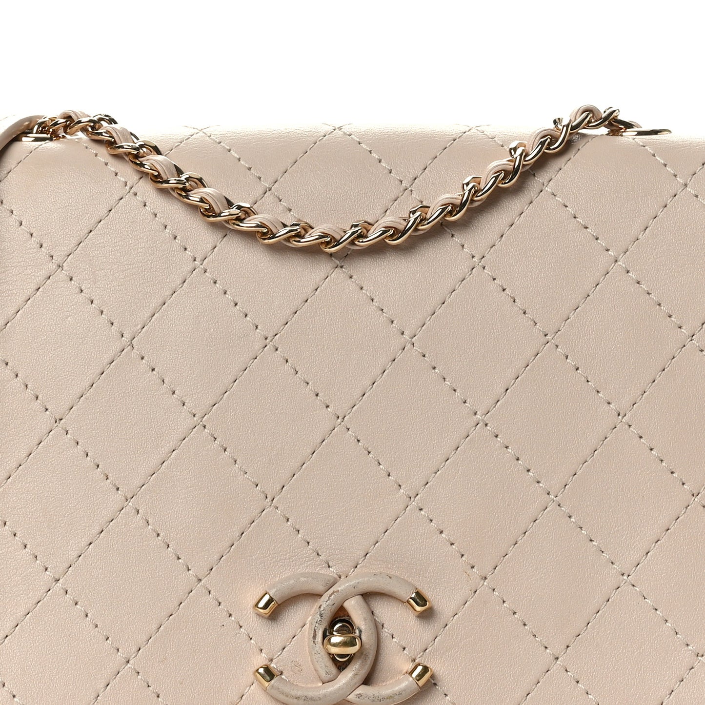 Calfskin Stitched Medium Covered CC Flap Bag Beige