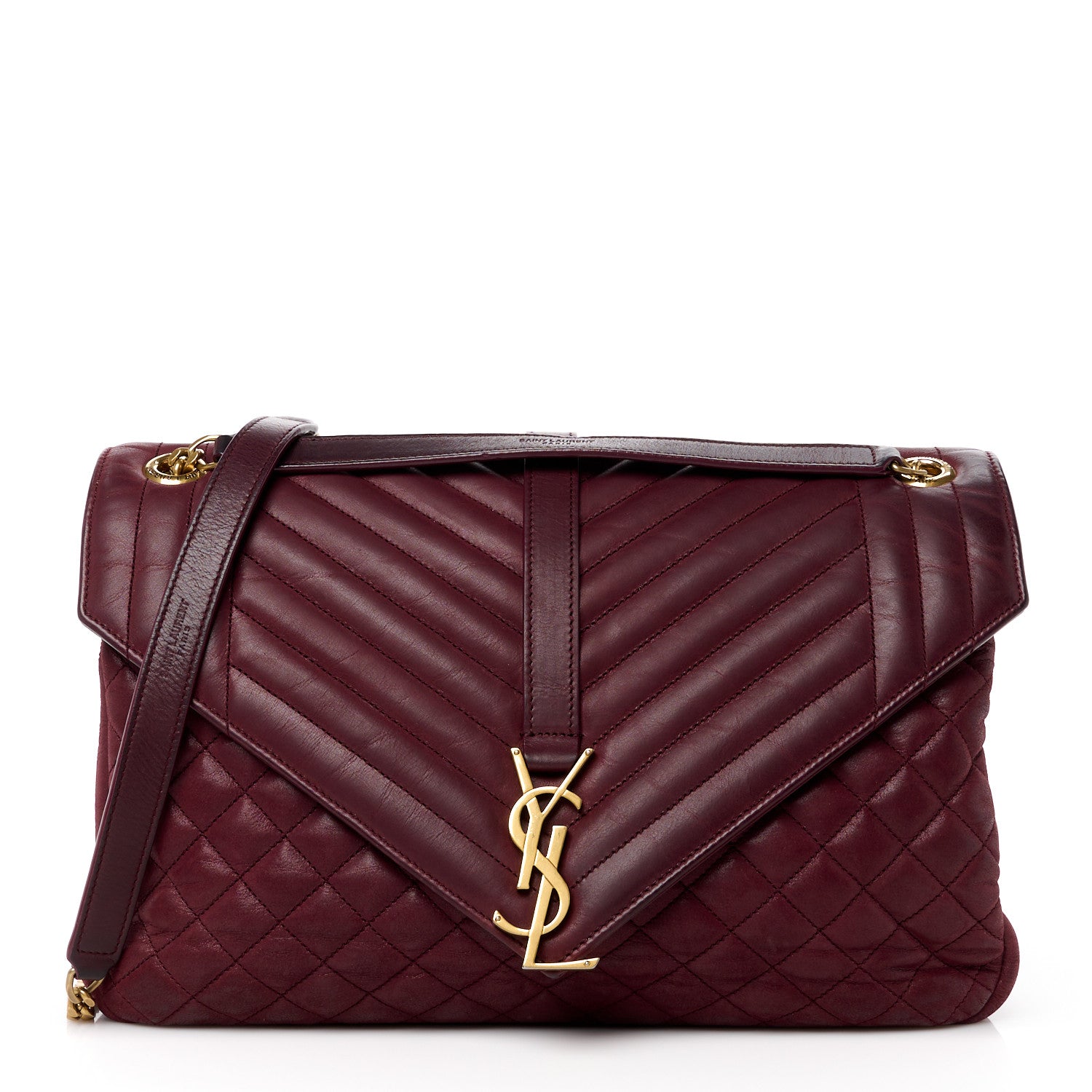 Saint Laurent SAINT LAURENT Calfskin Mixed Matelasse Triquilt Large Monogram Envelope Satchel Oxblood 1 of 14