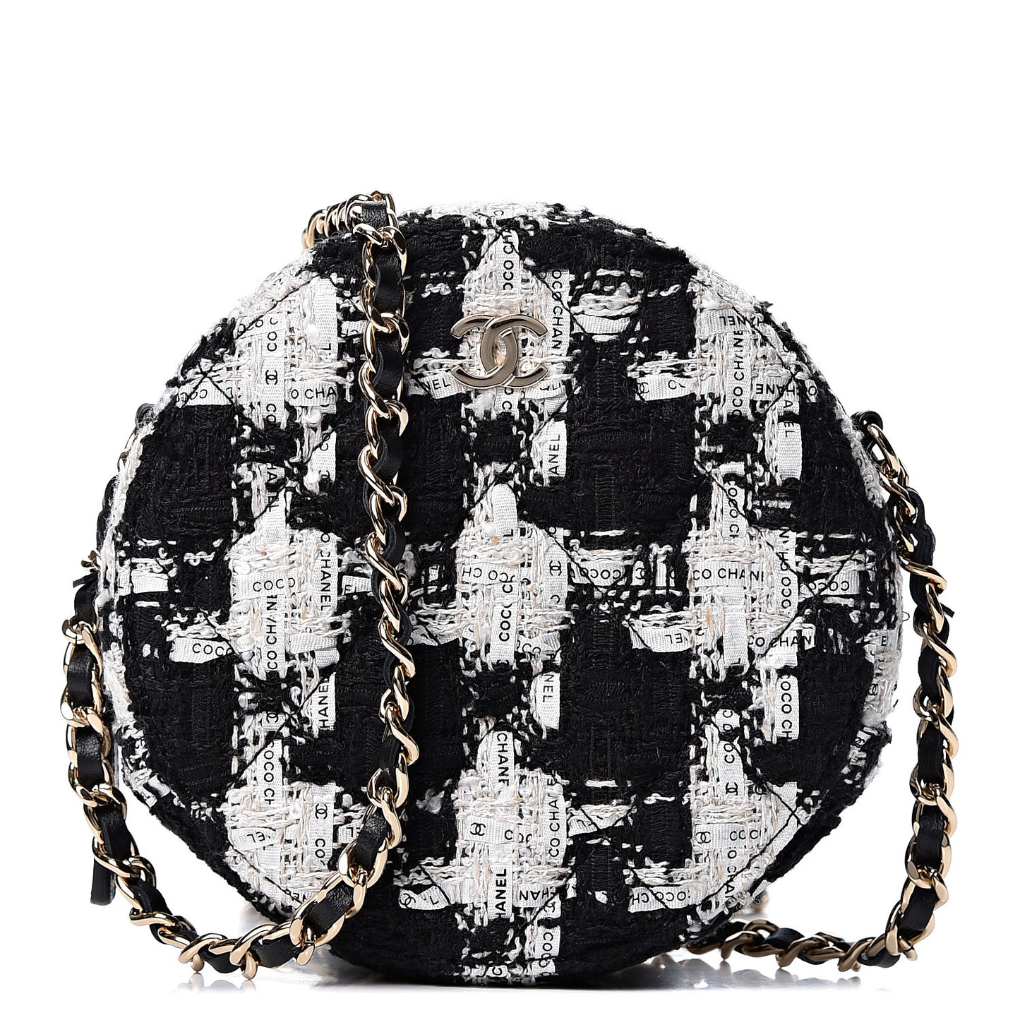 Tweed Quilted Round Clutch With Chain Black Ecru White