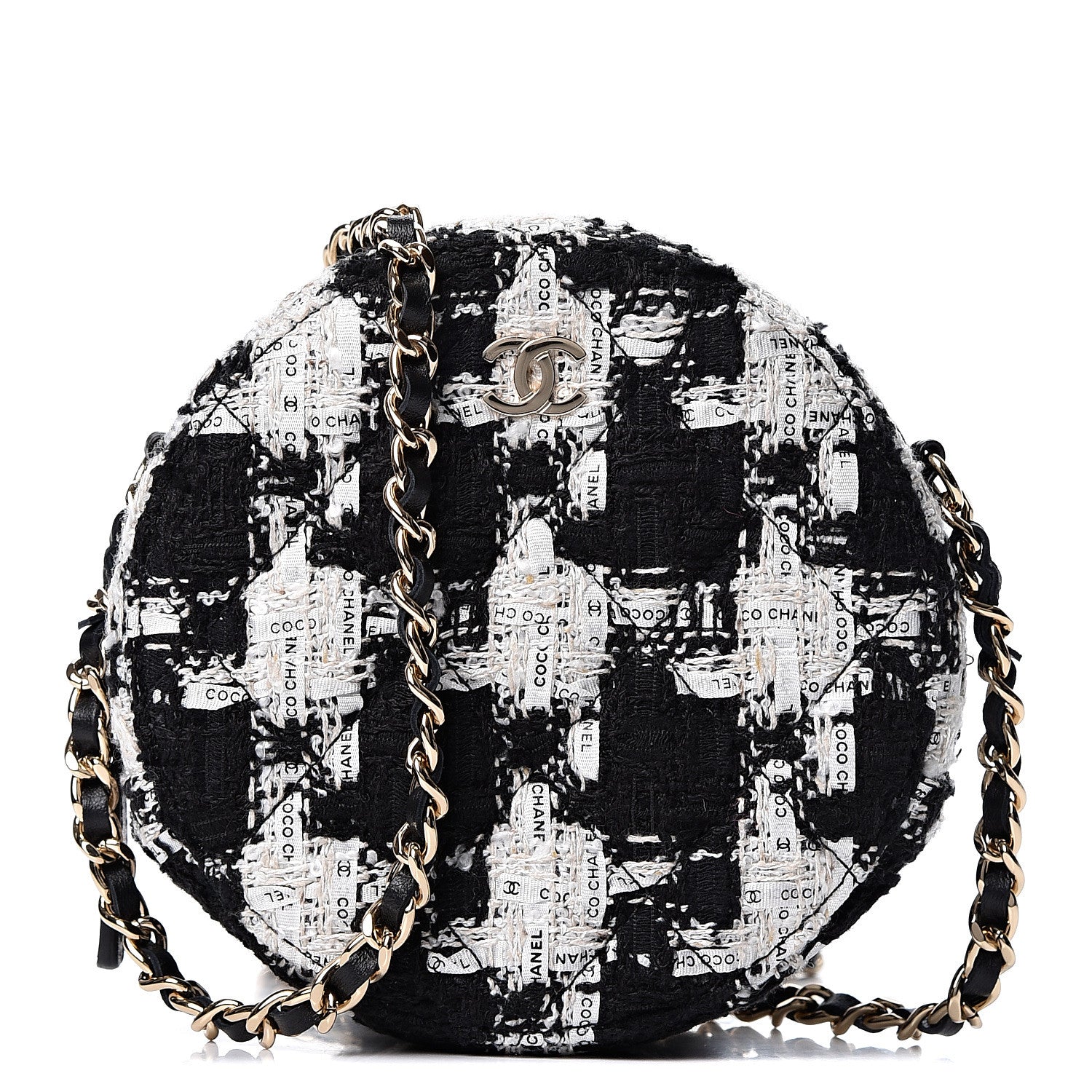 Chanel Tweed Quilted Round Clutch With Chain Black Ecru White 1 of 10