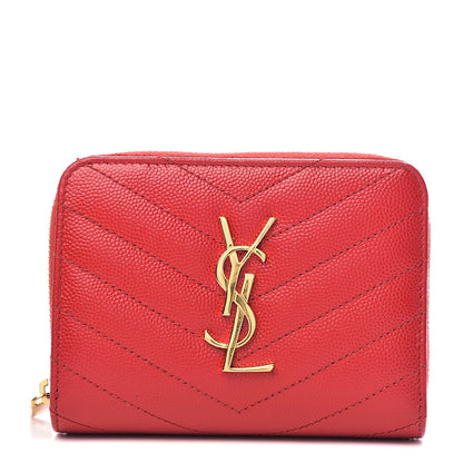 Saint Laurent Grain De Poudre Matelasse Chevron Monogram Compact Zip Around Wallet Red 1 of 8