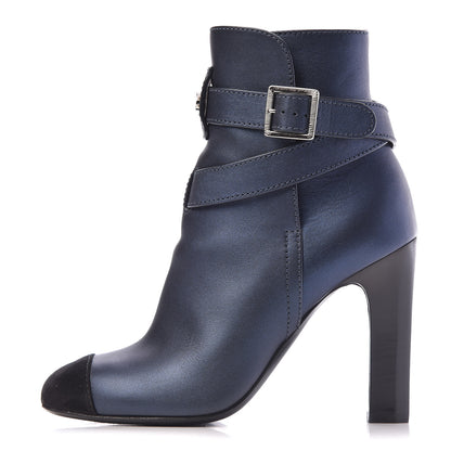 Chanel Calfskin Suede Cap Toe CC Short Boots 36 Navy Black 1 of 12