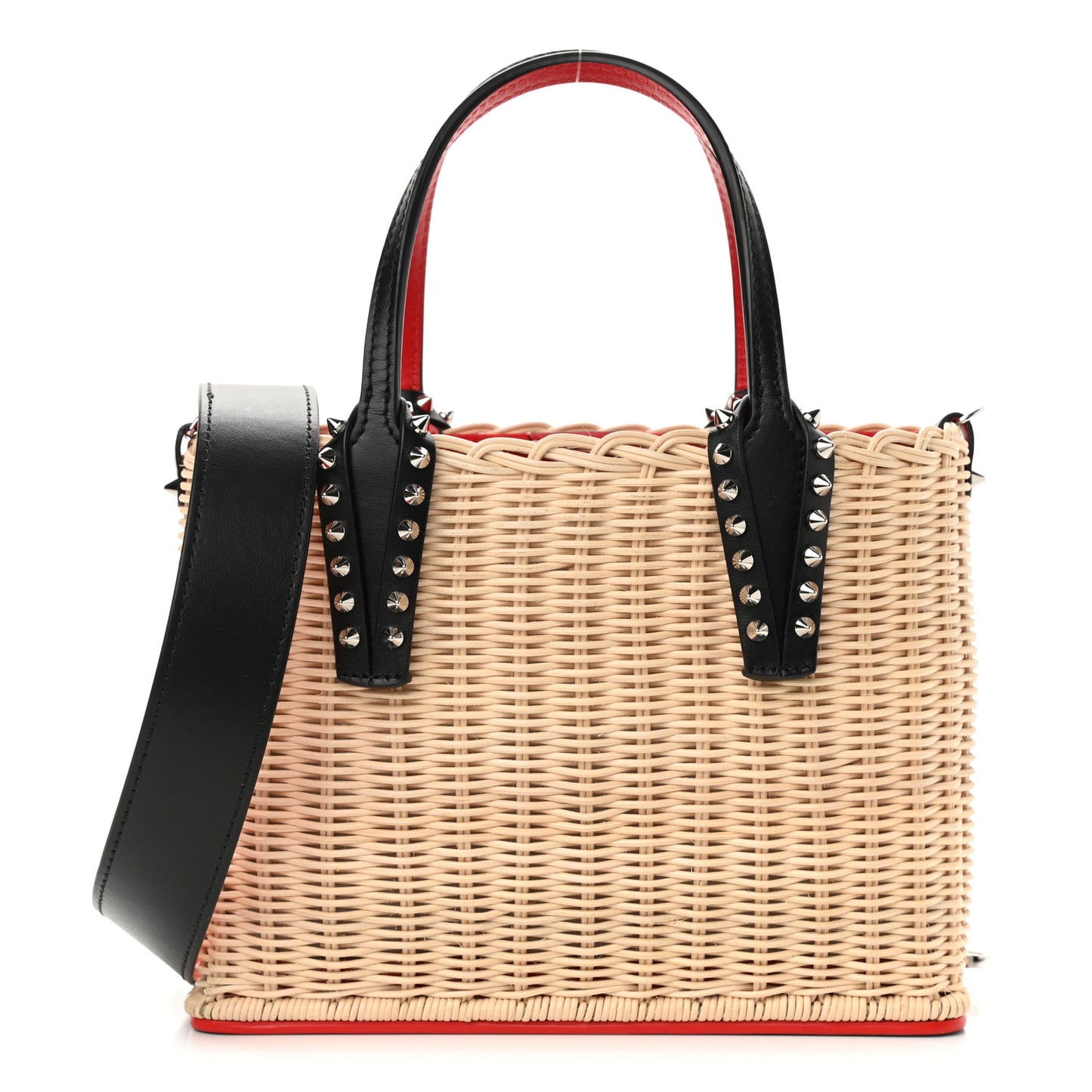 Raffia Calfskin Cabata Mini Spiked Tote Beige