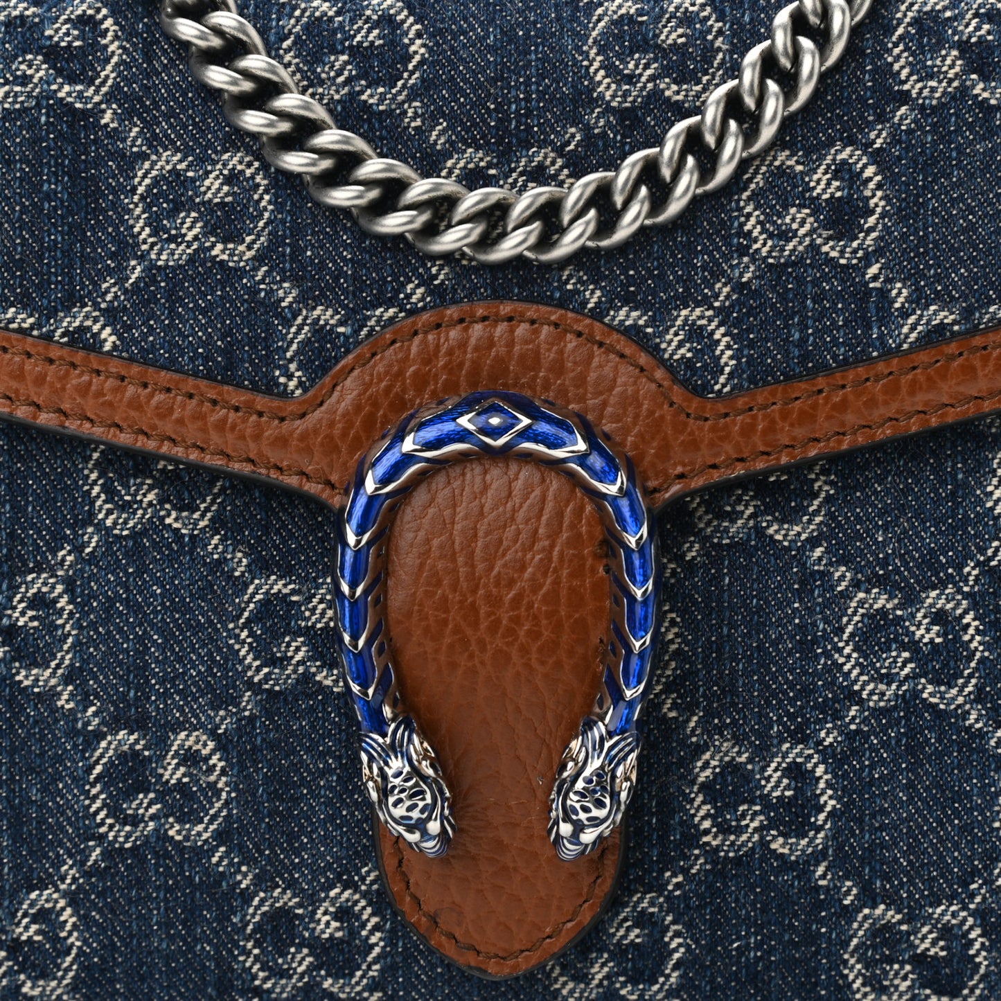 New Denim GG Monogram Dollar Calfskin Enamel Mini Dionysus Chain Wallet Blue Tea Cuir Epilog Electric Blue