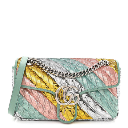 Gucci Sequin Satin Calfskin Matelasse Diagonal Small GG Marmont Shoulder Bag Grigio Argento Verde Chiaro Rosa Giallo Light Water Green 1 of 11