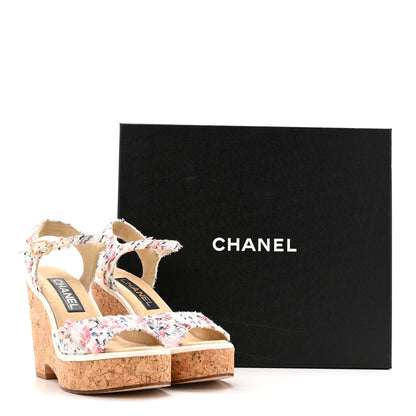 Chanel Tweed Cork CC Wedge Sandals 37 Ecru Pink Blue Green 14 of 14