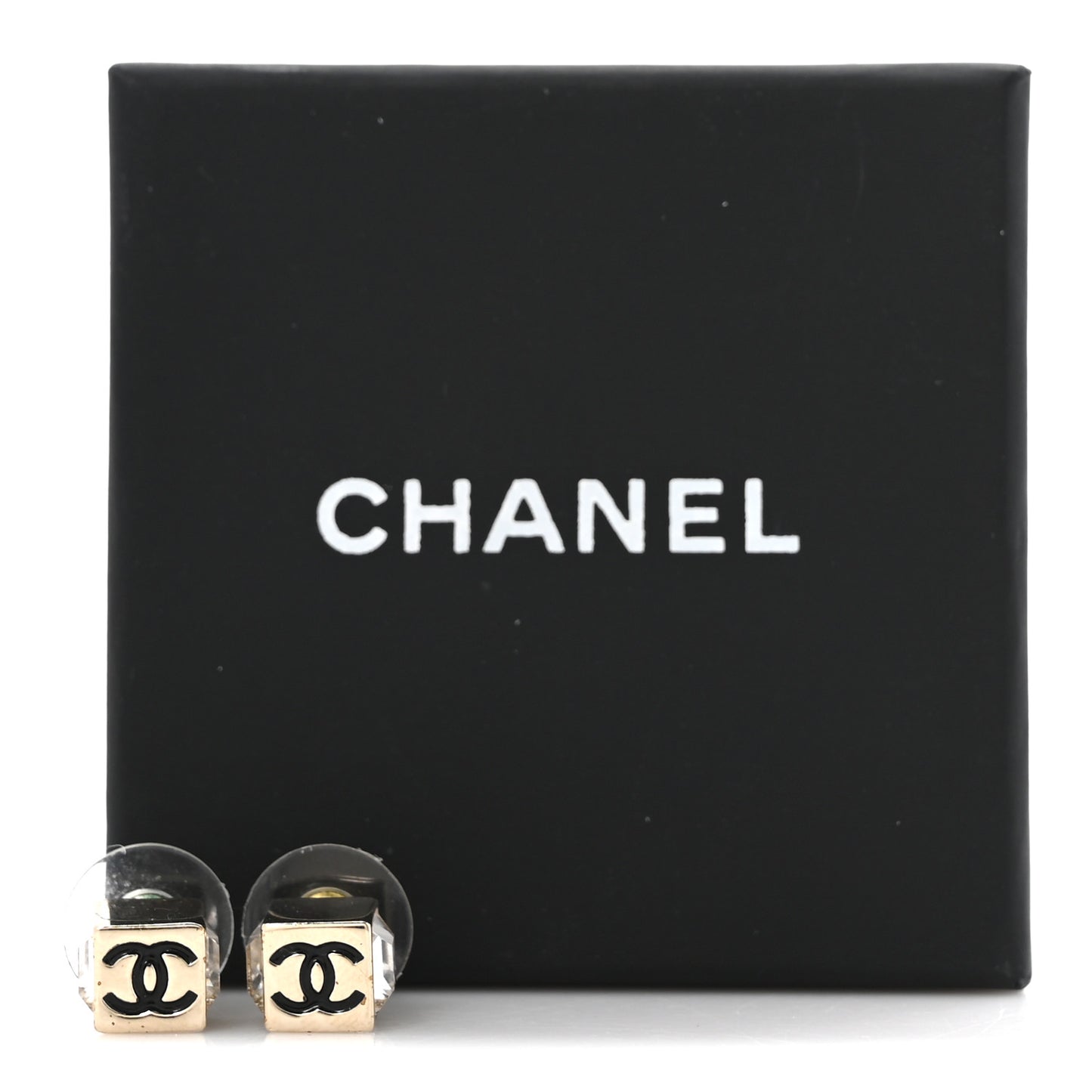 Metal Enamel Crystal CC Cube Earrings Gold Black