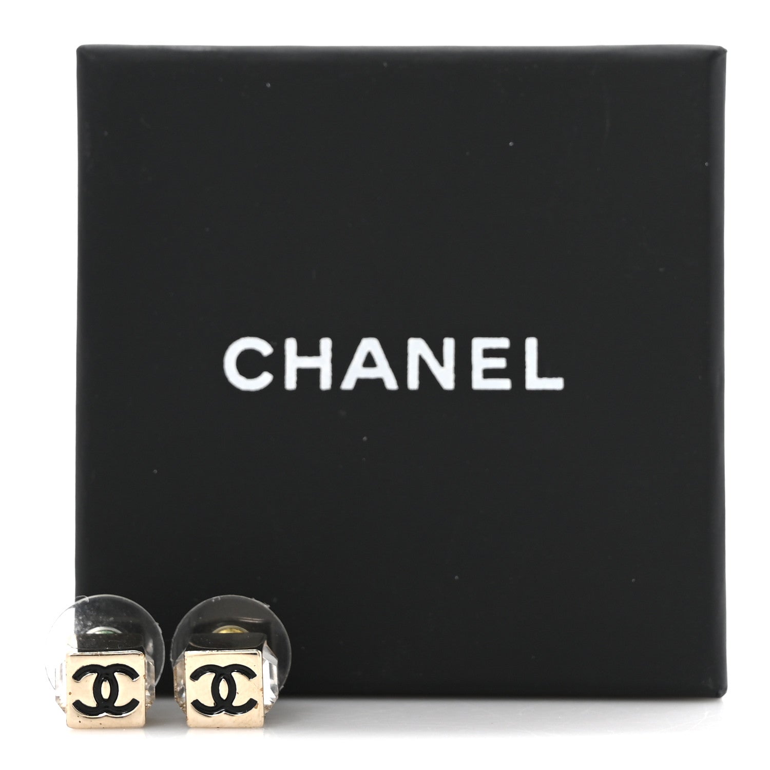 Chanel Metal Enamel Crystal CC Cube Earrings Gold Black 5 of 5