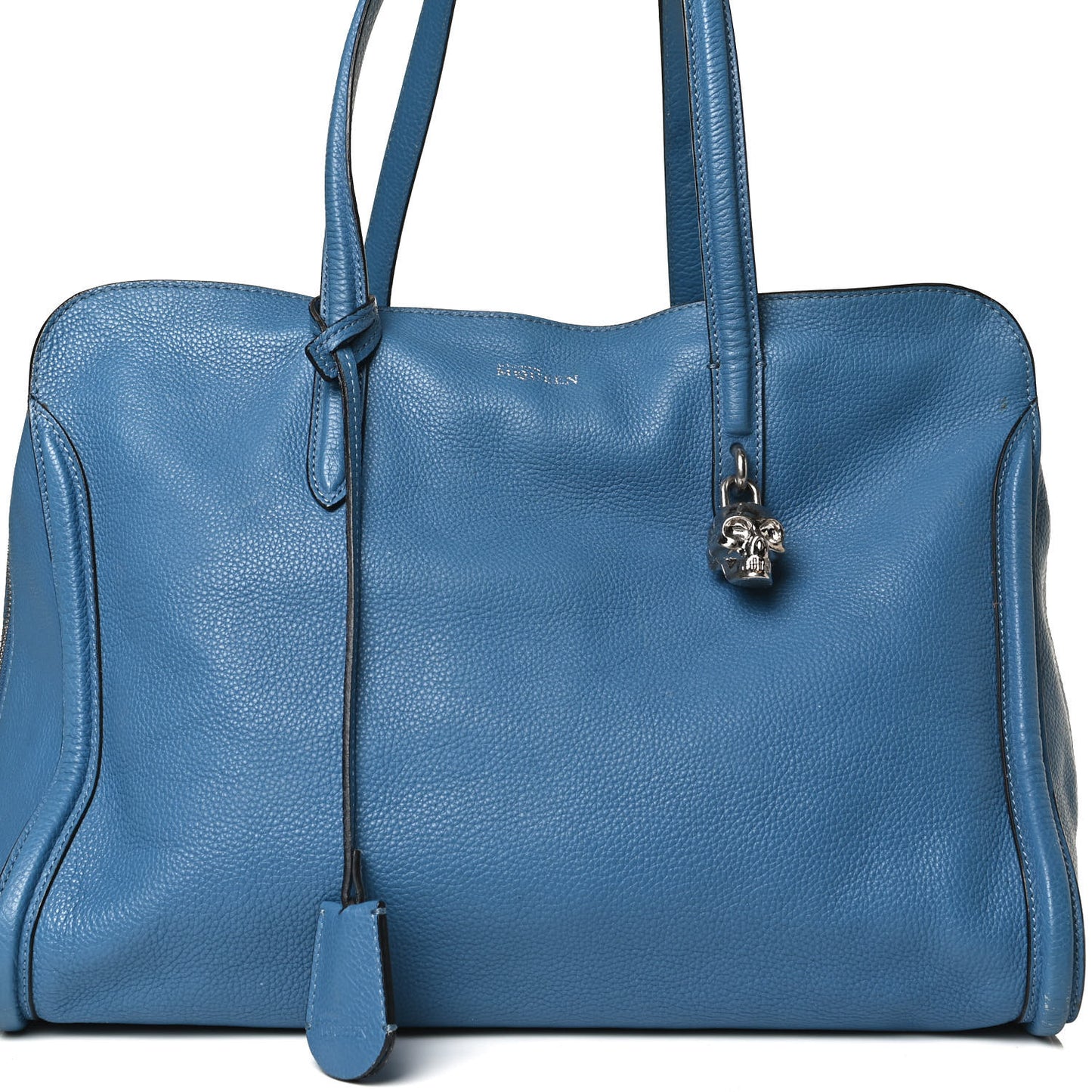 Pebbled Calfskin Large Skull Padlock Zip Around Tote Light Blue