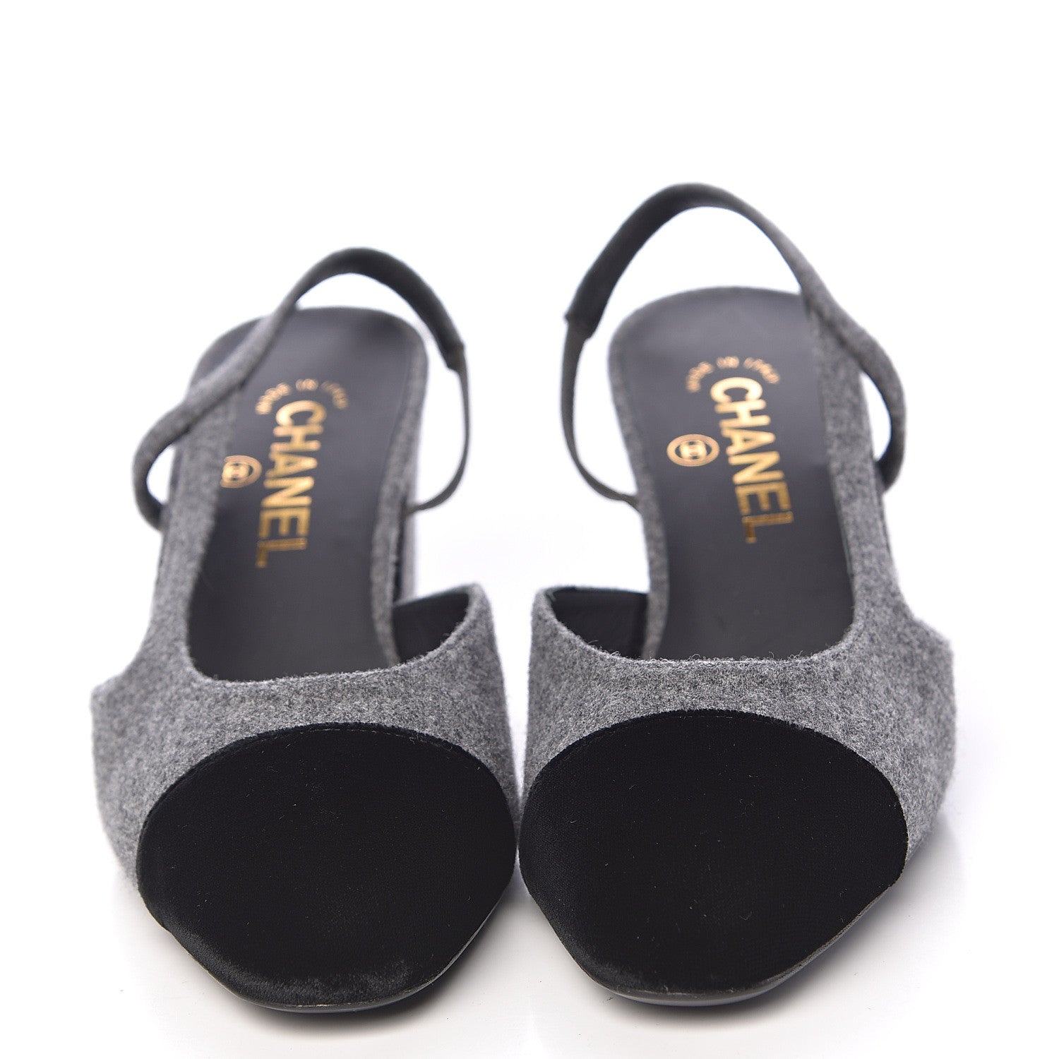Chanel Wool Velvet Cap Toe CC Slingback Pumps 38 Black Grey 2 of 11