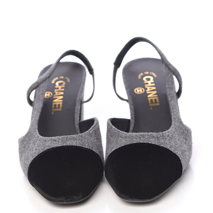 Chanel Wool Velvet Cap Toe CC Slingback Pumps 38 Black Grey 2 of 11