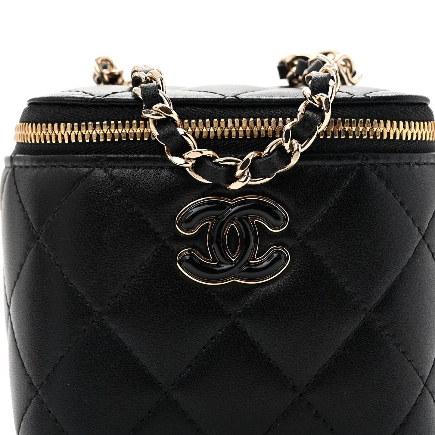 Lambskin Quilted Mini Enamel Vanity Case With Chain Black