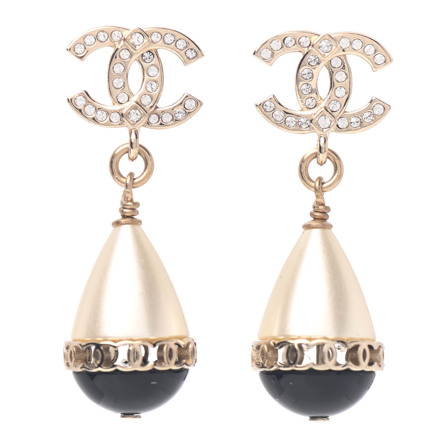Chanel Crystal Pearl CC Fantasy Drop Earrings Gold Black 1 of 5