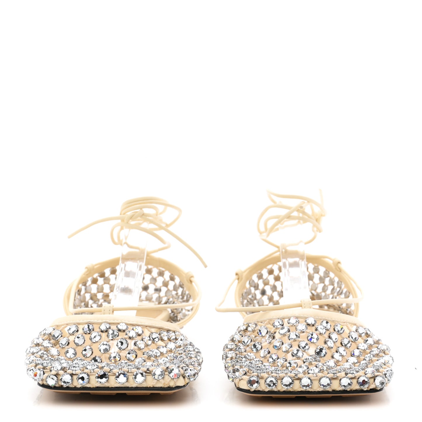 Mesh Nappa Crystal Embellished Sparkle Stretch Ankle Tie Flats 38 Black