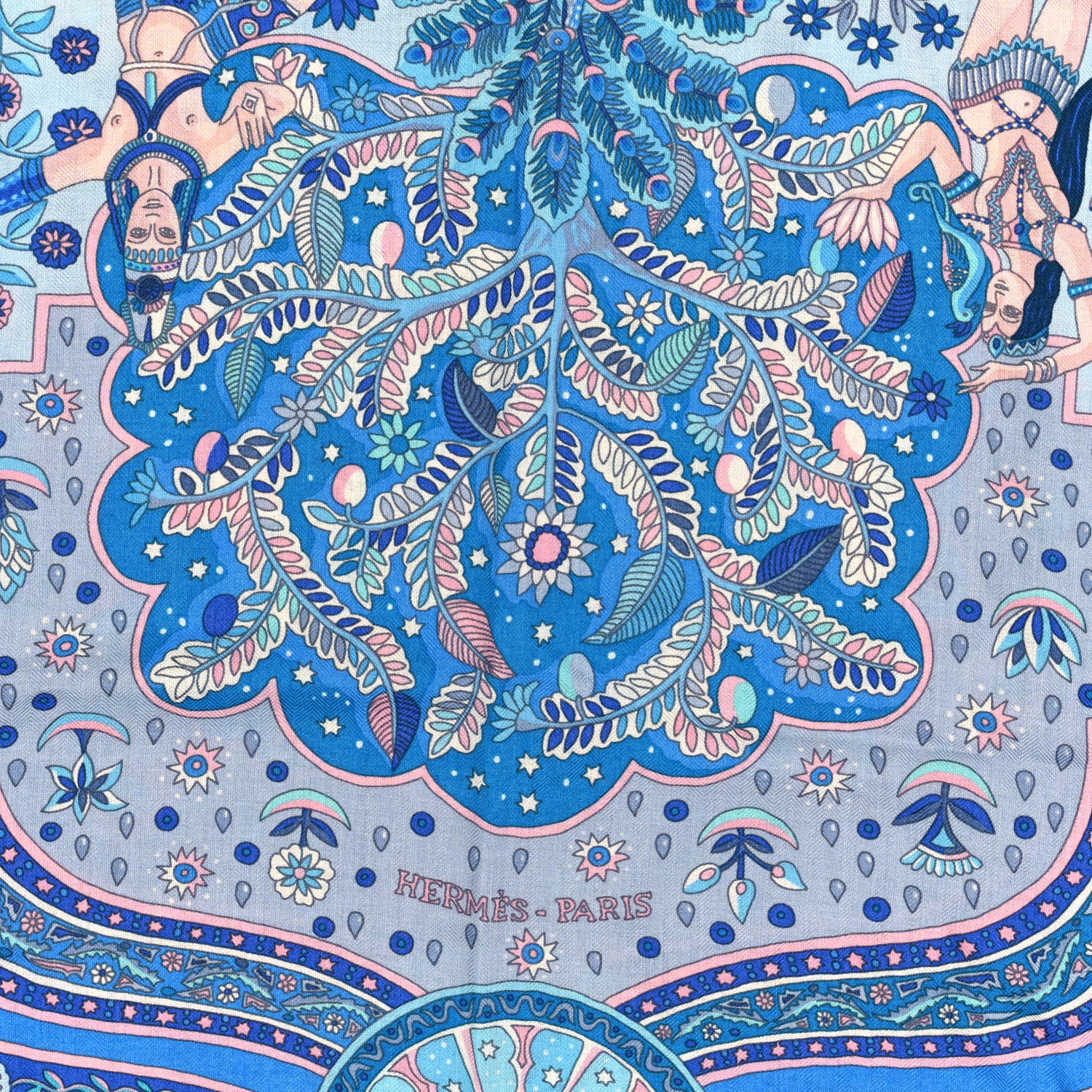 Hermes Cashmere Silk Aux Portes Du Palais Shawl 140 Bleu Turquoise Rose Pale 2 of 3