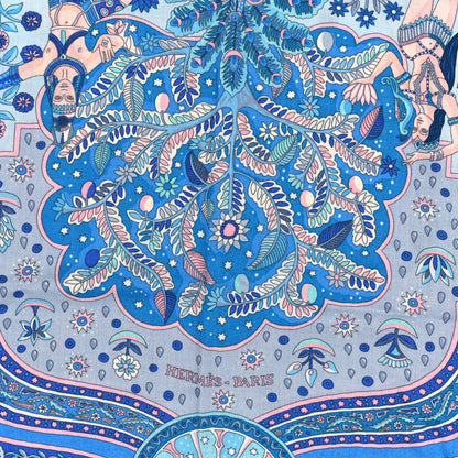 Hermes Cashmere Silk Aux Portes Du Palais Shawl 140 Bleu Turquoise Rose Pale 2 of 3