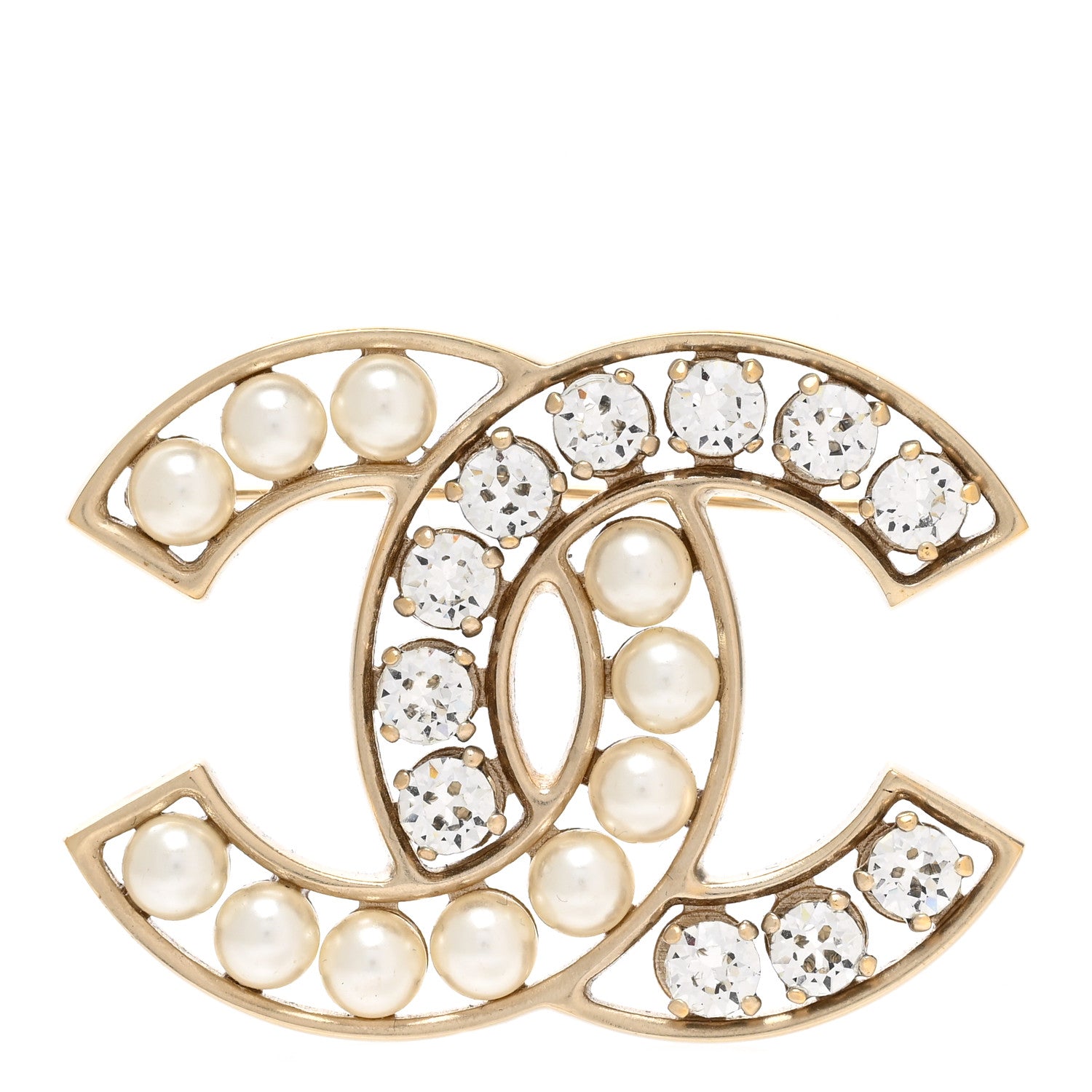 Chanel Pearl Crystal CC Brooch Gold Pearly White 1 of 5