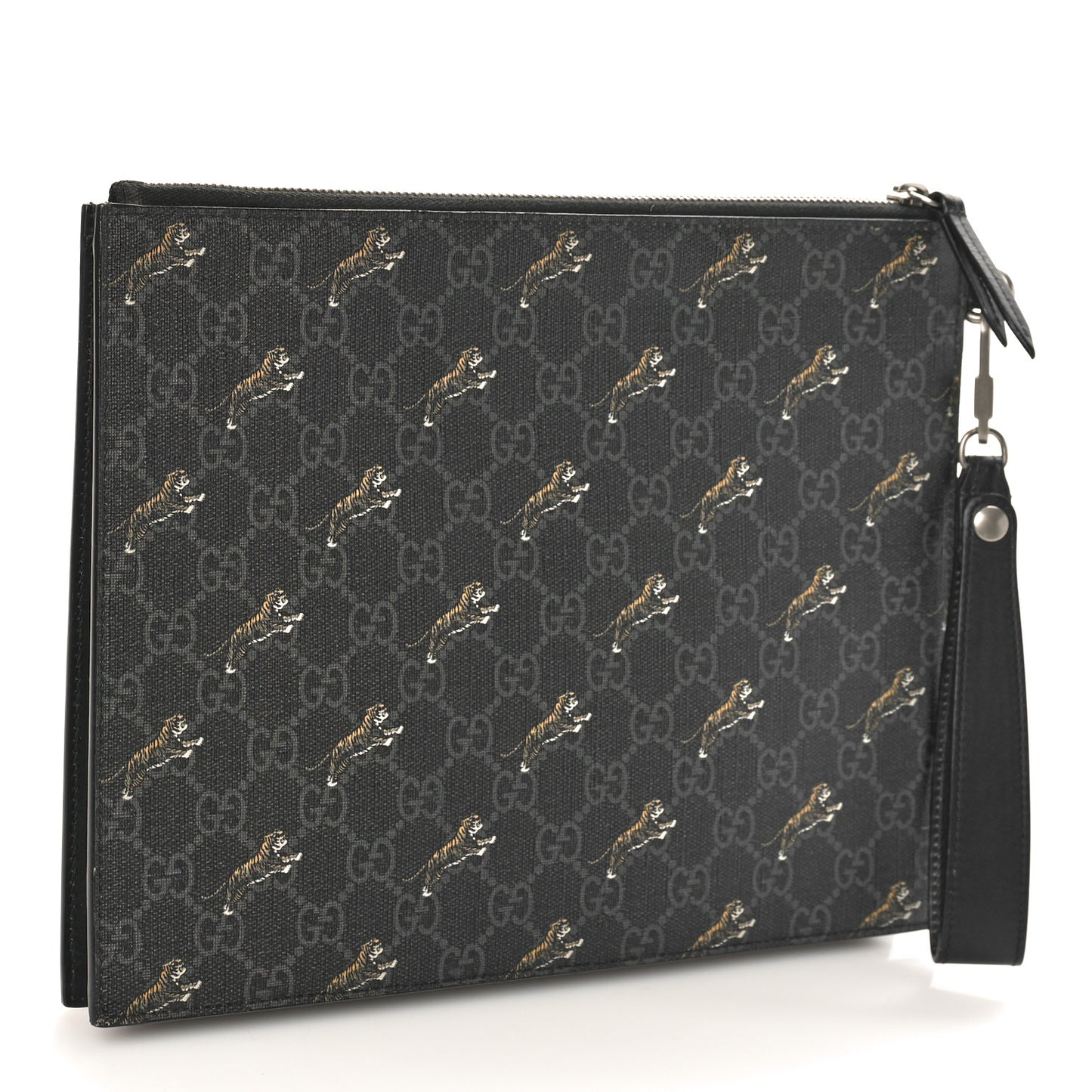 GG Supreme Monogram Tigers Zip Wristlet Pouch Black