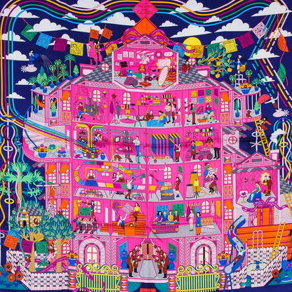 Hermes Silk La Maizeon Des Carres Scarf 90 Marine Rose Vert 1 of 8