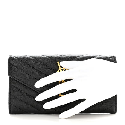Saint Laurent Grain De Poudre Matelasse Chevron Monogram Flap Wallet Black 2 of 7