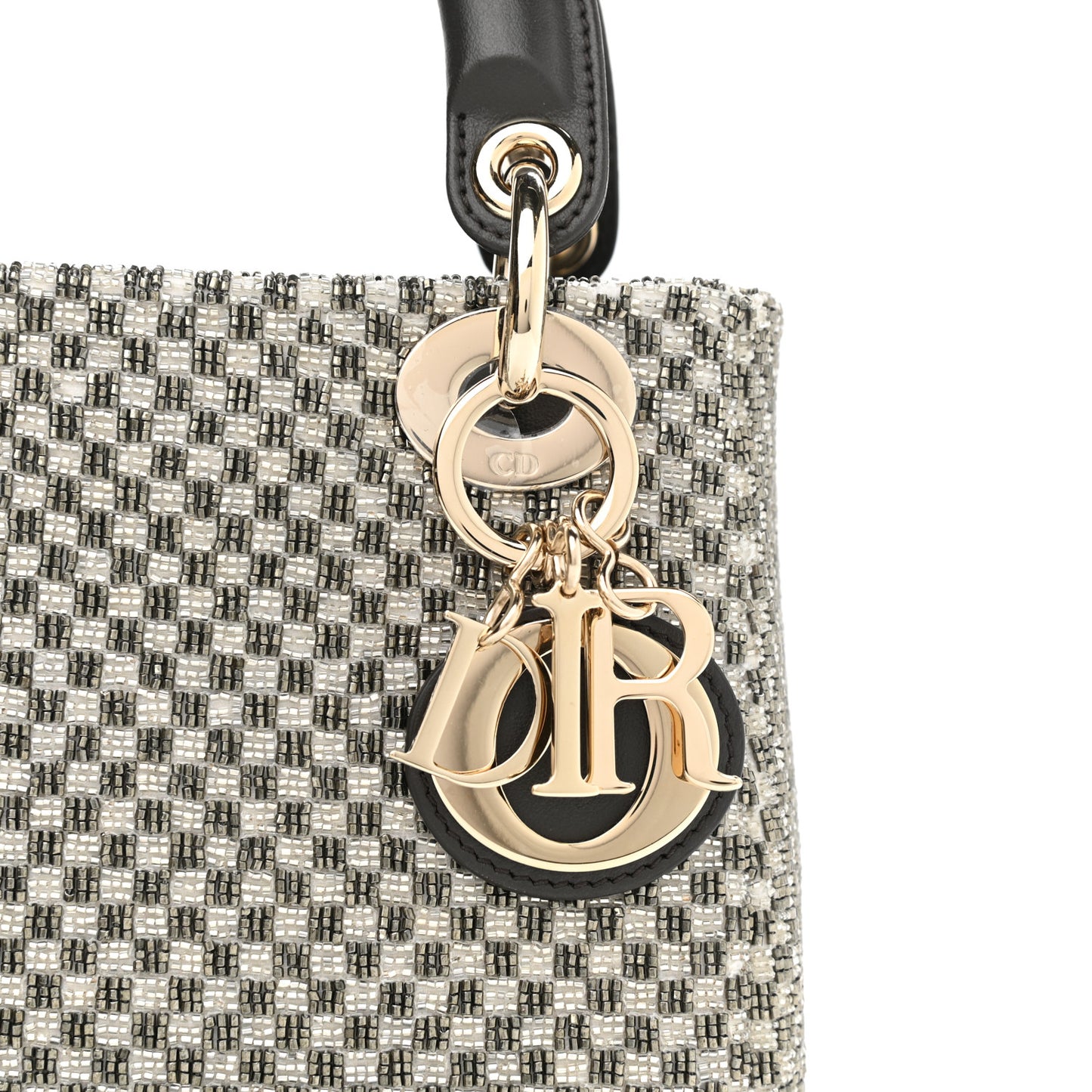 Calfskin Beaded Checkered Mini Lady Dior Grey White