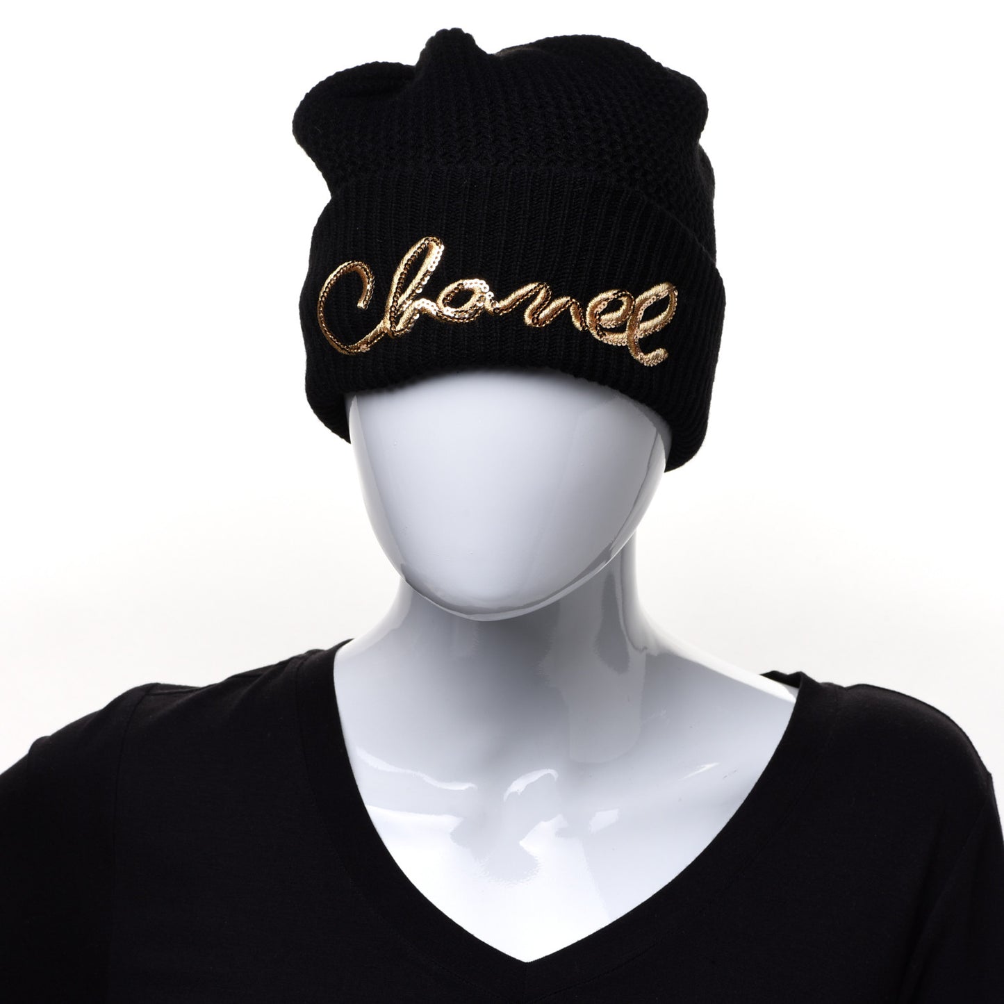 Cashmere Sequin Logo Beanie Hat Black Gold