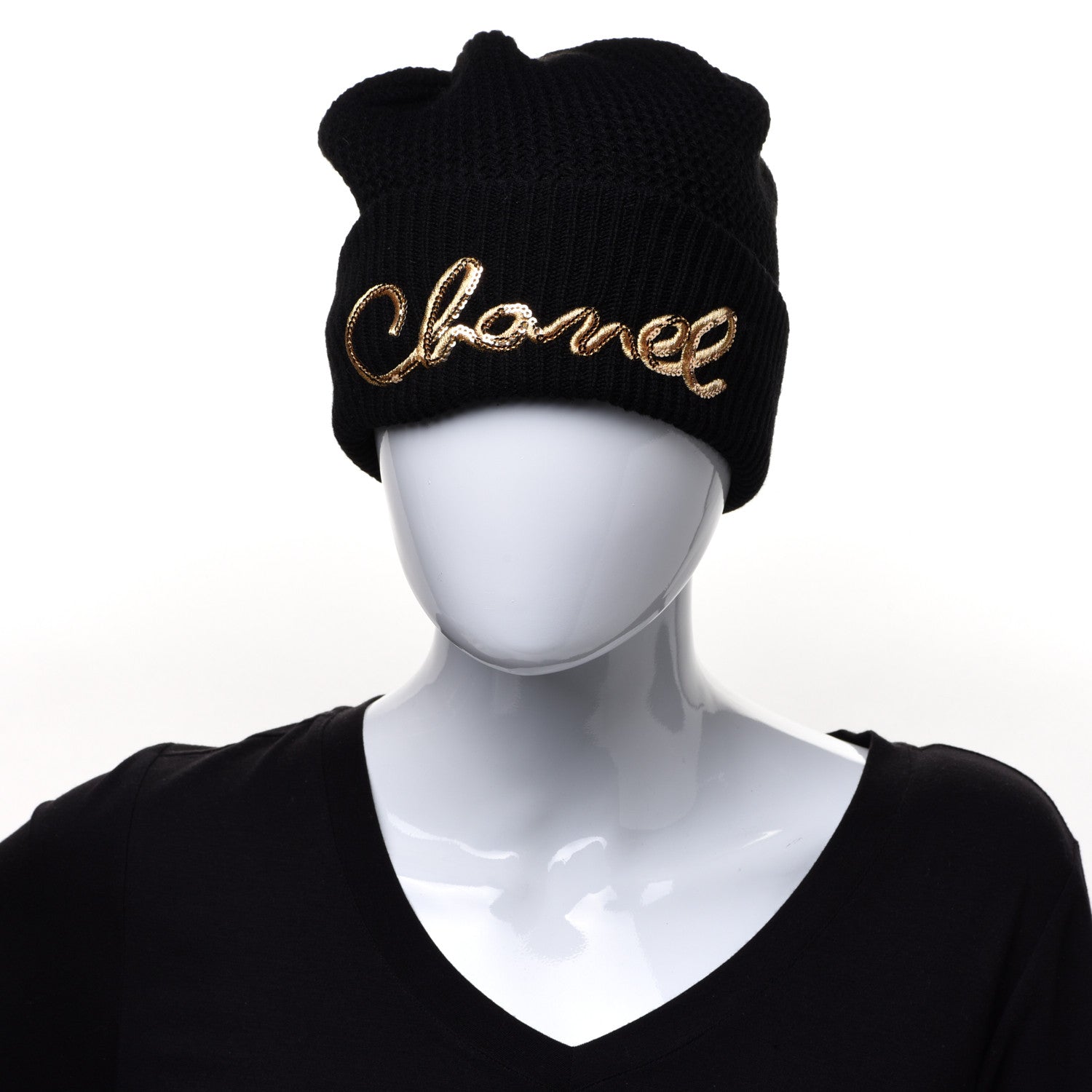 Chanel Cashmere Sequin Logo Beanie Hat Black Gold 2 of 7