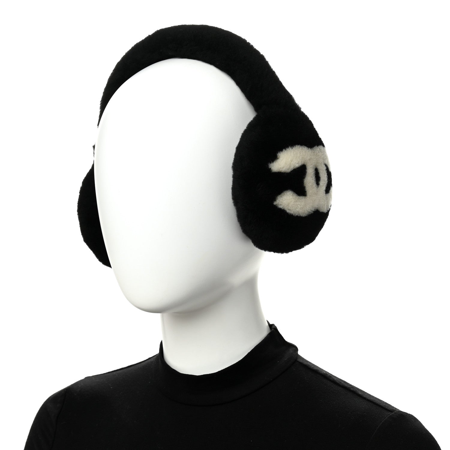 Chanel Shearling CC Ear Muffs Black White 2 of 6