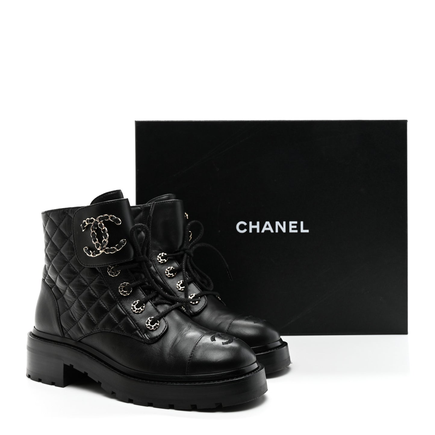 Shiny Goatskin Calfskin Quilted Lace Up Combat Boots 37.5 Black