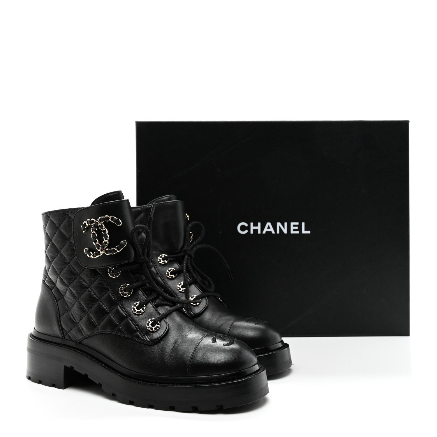 Chanel Shiny Goatskin Calfskin Quilted Lace Up Combat Boots 37.5 Black 10 of 10