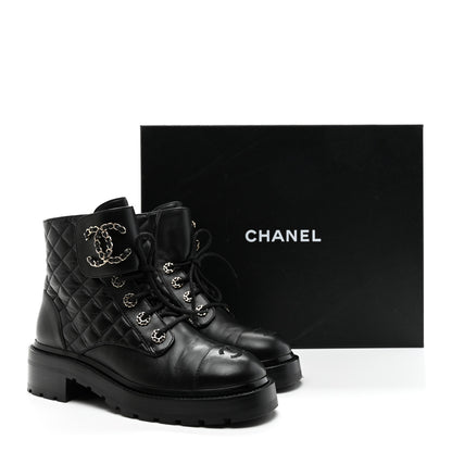 Chanel Shiny Goatskin Calfskin Quilted Lace Up Combat Boots 37.5 Black 10 of 10