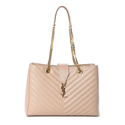 Saint Laurent Grain De Poudre Matelasse Chevron Monogram Shopping Bag Dark Beige 1 of 8
