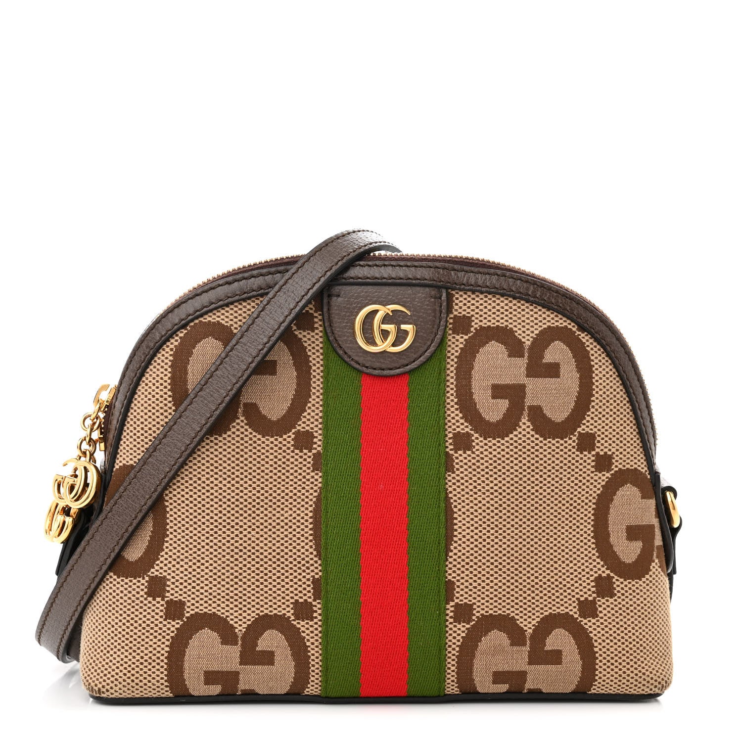 Gucci Monogram Jumbo GG Textured Dollar Calfskin Web Small Ophidia Dome Shoulder Bag Camel Ebony New Acero 1 of 12