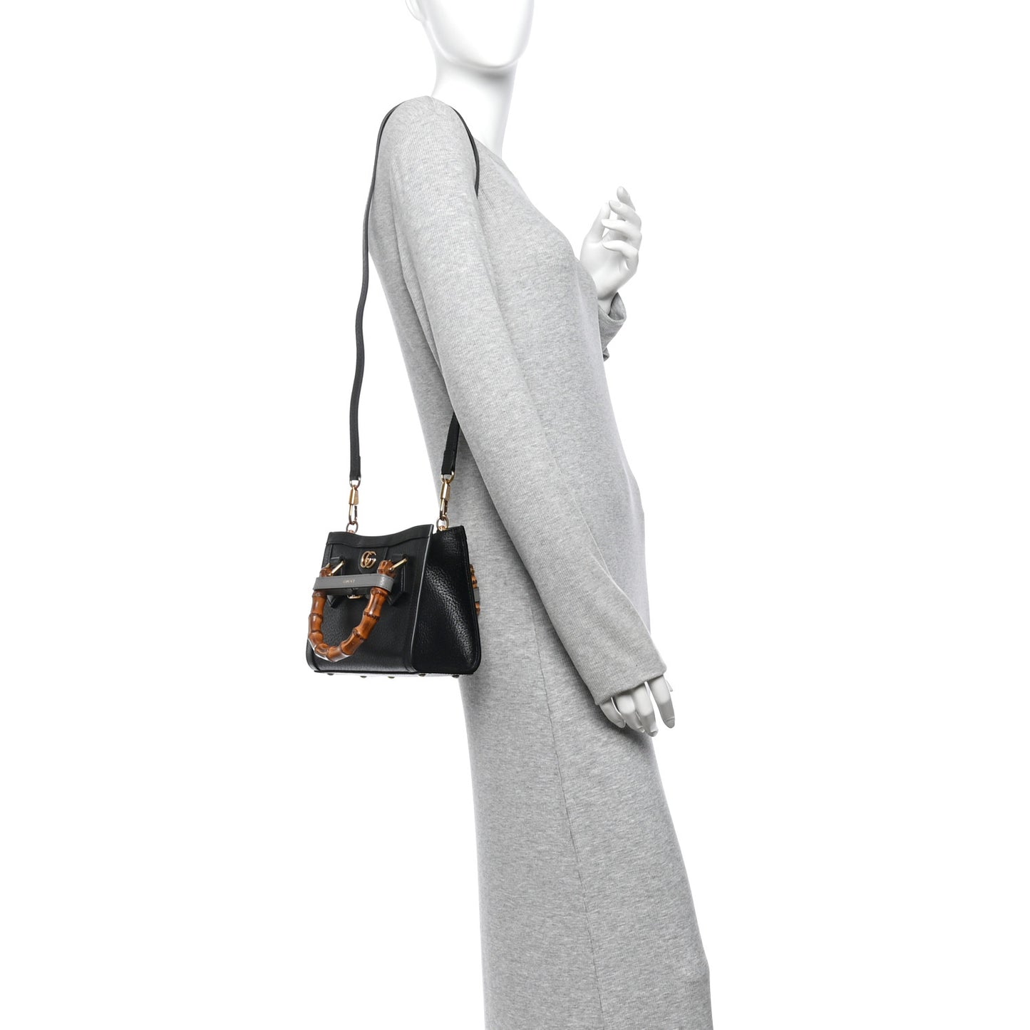 Textured Dollar Calfskin Web Mini Diana Tote Bag Black Dusty Grey