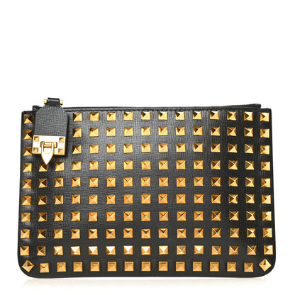 Valentino Garavani Grainy Calfskin Rockstud Allover Alcove Zip Pouch Black 1 of 5