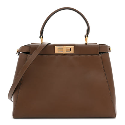Fendi Vitello Morgan Fabric Jacquard Pequin Peekaboo Iconic Satchel Tobacco Black 1 of 13