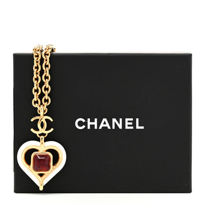 Chanel Resin Crystal Heart CC Pendant Necklace Red White Gold 3 of 5