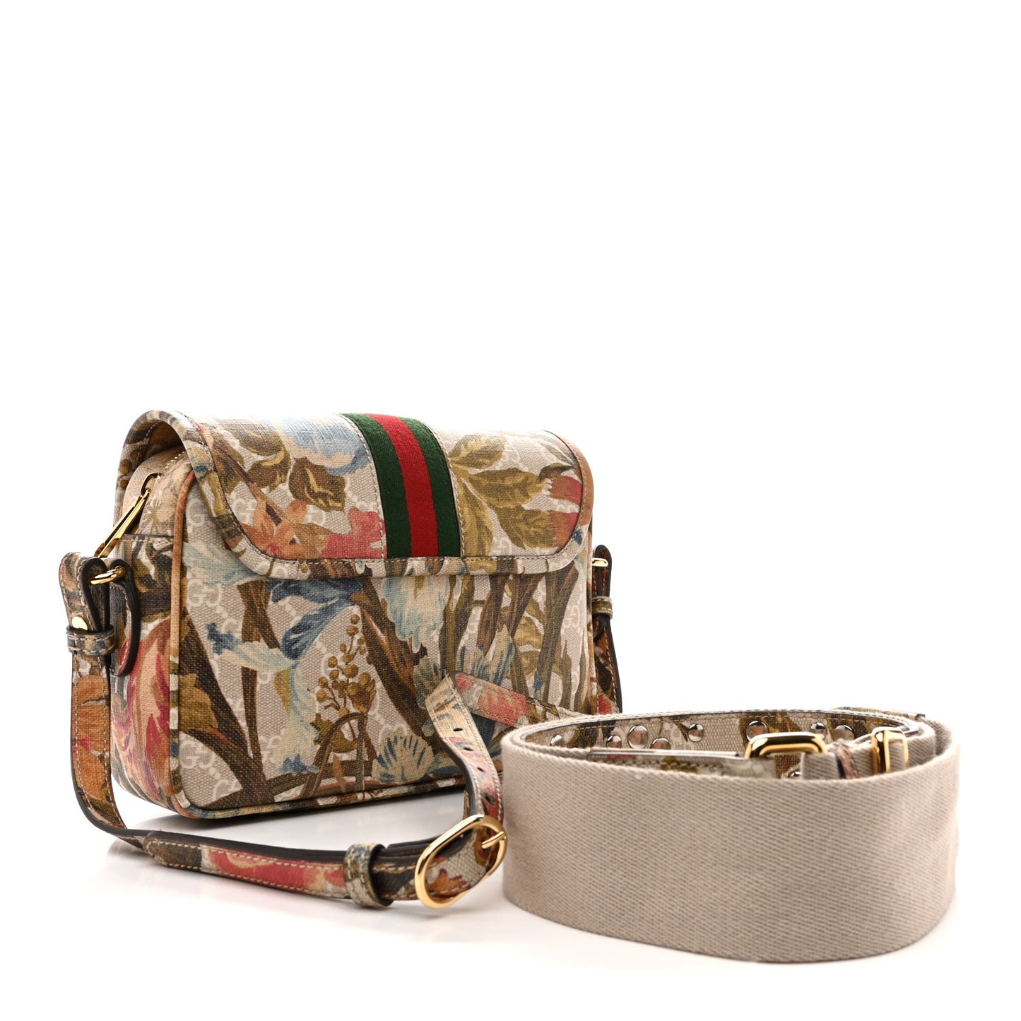 GG Supreme Monogram Water Flora Web Studded Mini Ophidia Flap Shoulder Bag Beige White Multicolor