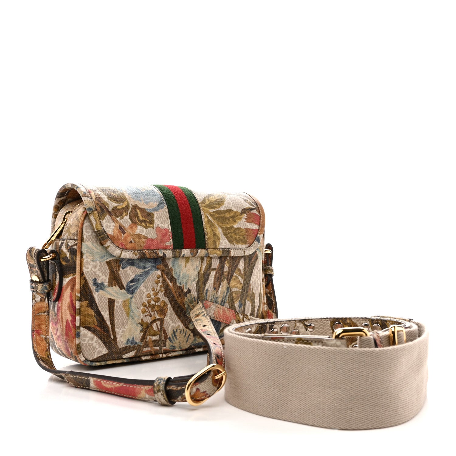 Gucci GG Supreme Monogram Water Flora Web Studded Mini Ophidia Flap Shoulder Bag Beige White Multicolor 3 of 10