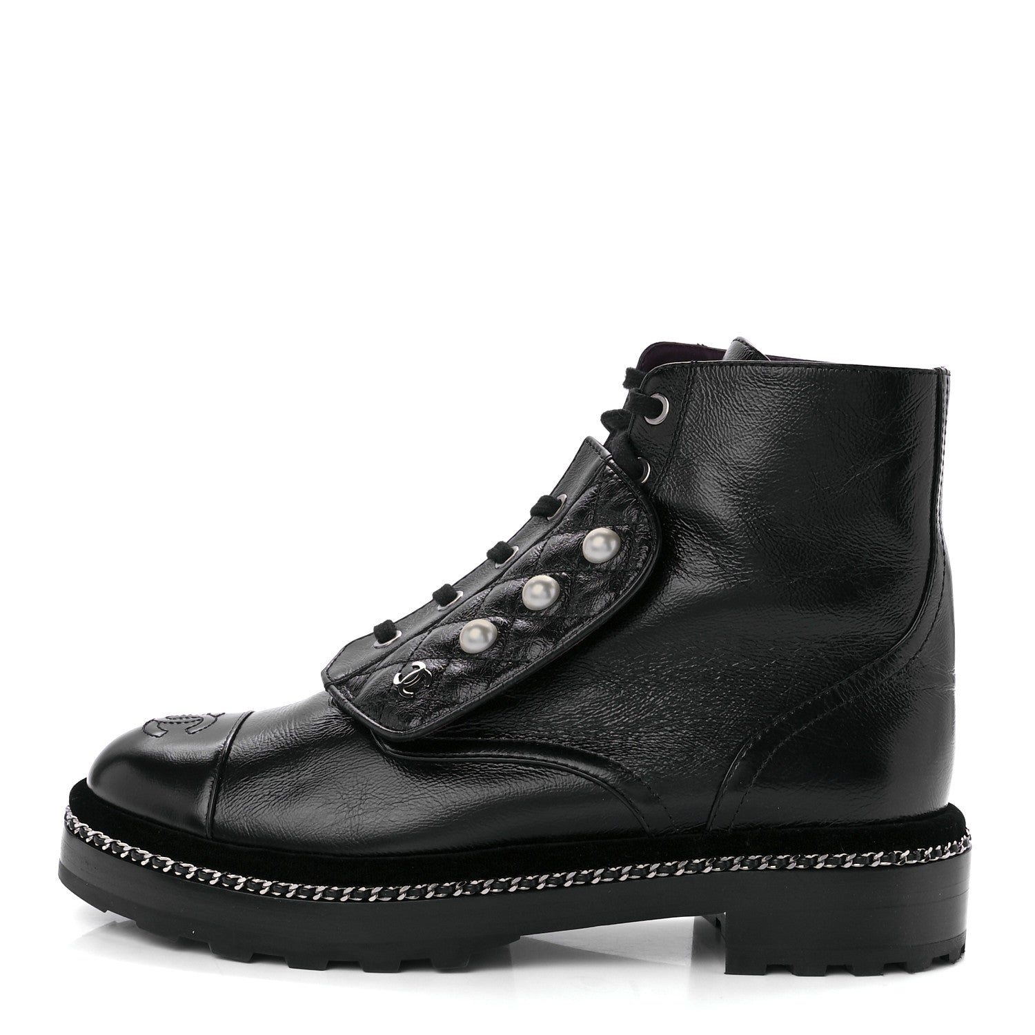 Chanel Crackled Calfskin Velvet Pearl Combat Short Boots 39 Black 1 of 11