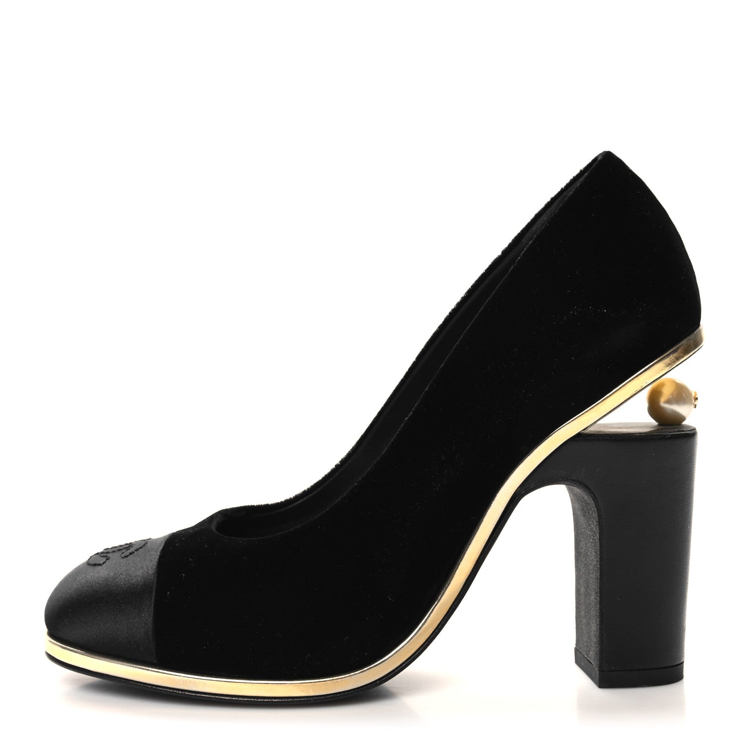 Chanel Velvet Satin Cap Toe Pearl Pumps 38 Black 1 of 8